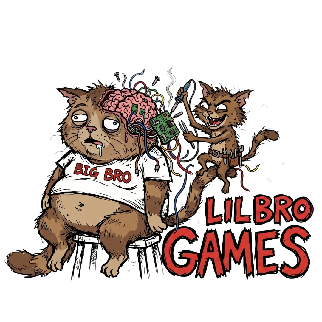 Lil Bro Games logo: a big cat and a little cat building a brain